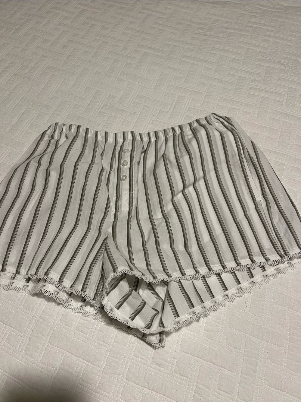 Striped Eyelet Trim Lounge Shorts - White & Gray